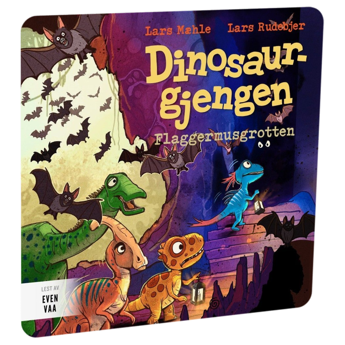 Dinosaurgjengen 16. Flaggermusgrotten av Lars Mæhle. Tilgjengelig på HiRO – norsk, skjermfri høyttaler for barn med musikk og fortellinger