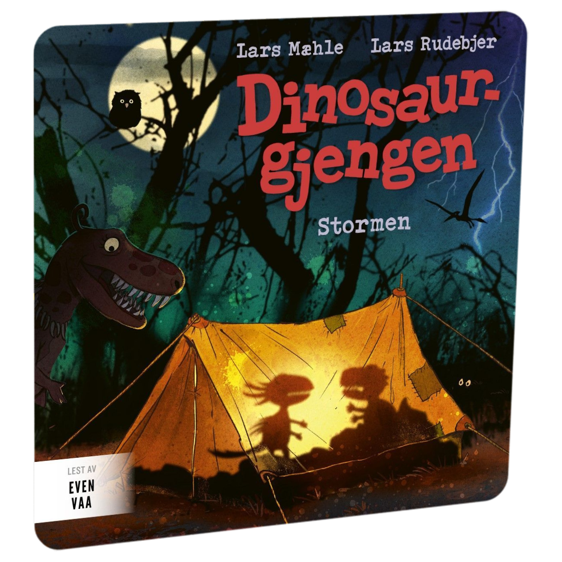 Dinosaurgjengen 13. Stormen av Lars Mæhle. Tilgjengelig på HiRO – norsk, skjermfri høyttaler for barn med musikk og fortellinger