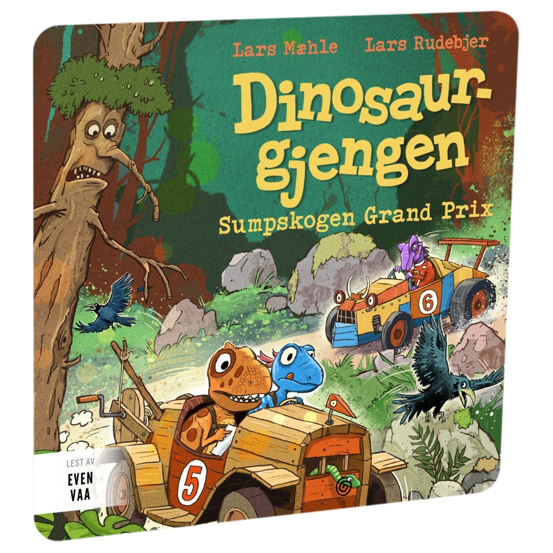 Dinosaurgjengen 15. Sumpskogen Grand Prix av Lars Mæhle. Tilgjengelig på HiRO – norsk, skjermfri høyttaler for barn med musikk og fortellinger