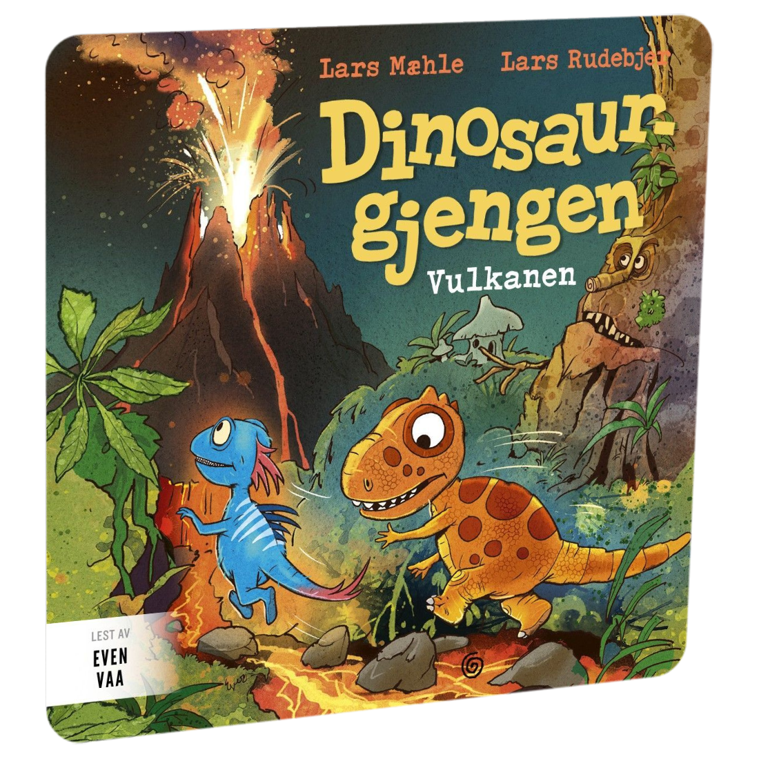 Dinosaurgjengen 14. Vulkanen av Lars Mæhle. Tilgjengelig på HiRO – norsk, skjermfri høyttaler for barn med musikk og fortellinger