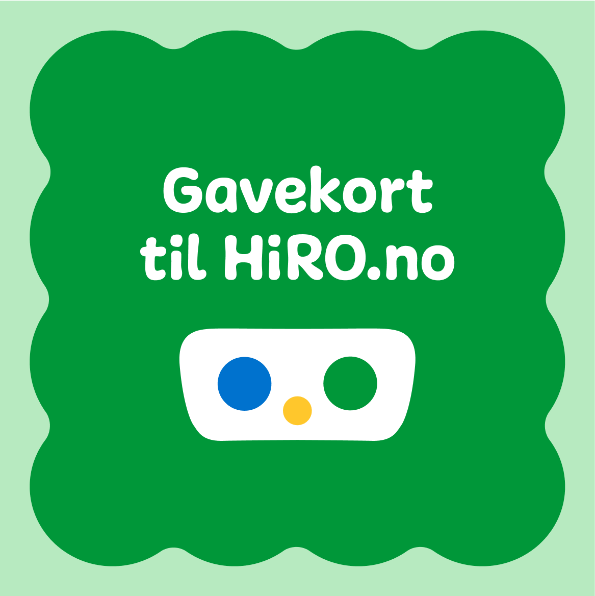 Gavekort til HiRO.no, designet med grønn bakgrunn og fargerike detaljer.