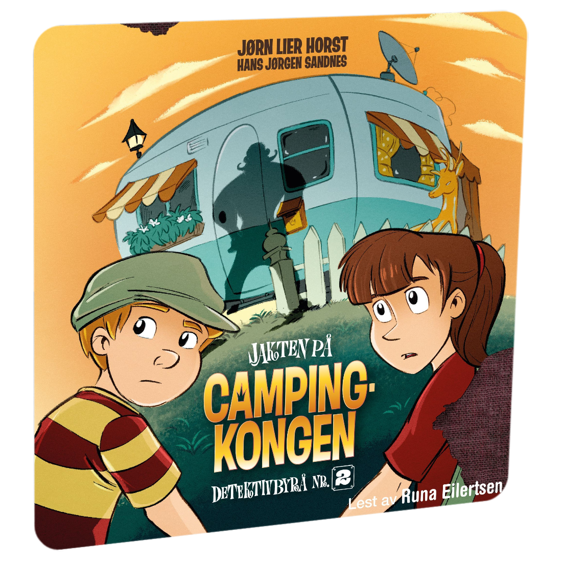 Detektivbyrå nr. 2: Jakten på Campingkongen av Jørn Lier Horst. Tilgjengelig på HiRO – norsk, skjermfri høyttaler for barn med musikk og fortellinger