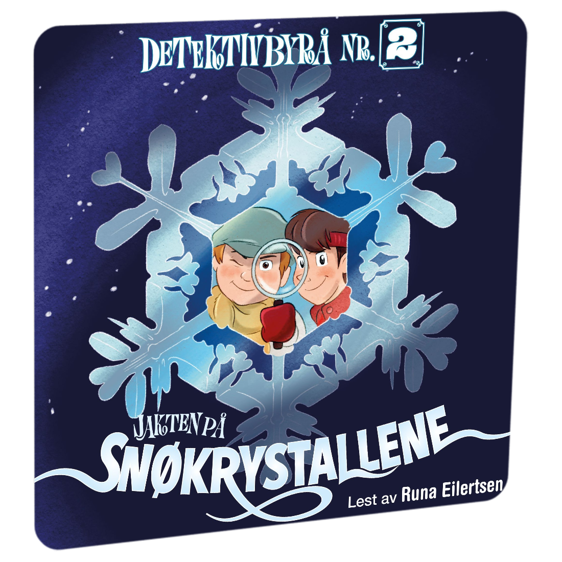 Detektivbyrå nr. 2: Jakten på snøkrystallene av Jørn Lier Horst. Tilgjengelig på HiRO – norsk, skjermfri høyttaler for barn med musikk og fortellinger