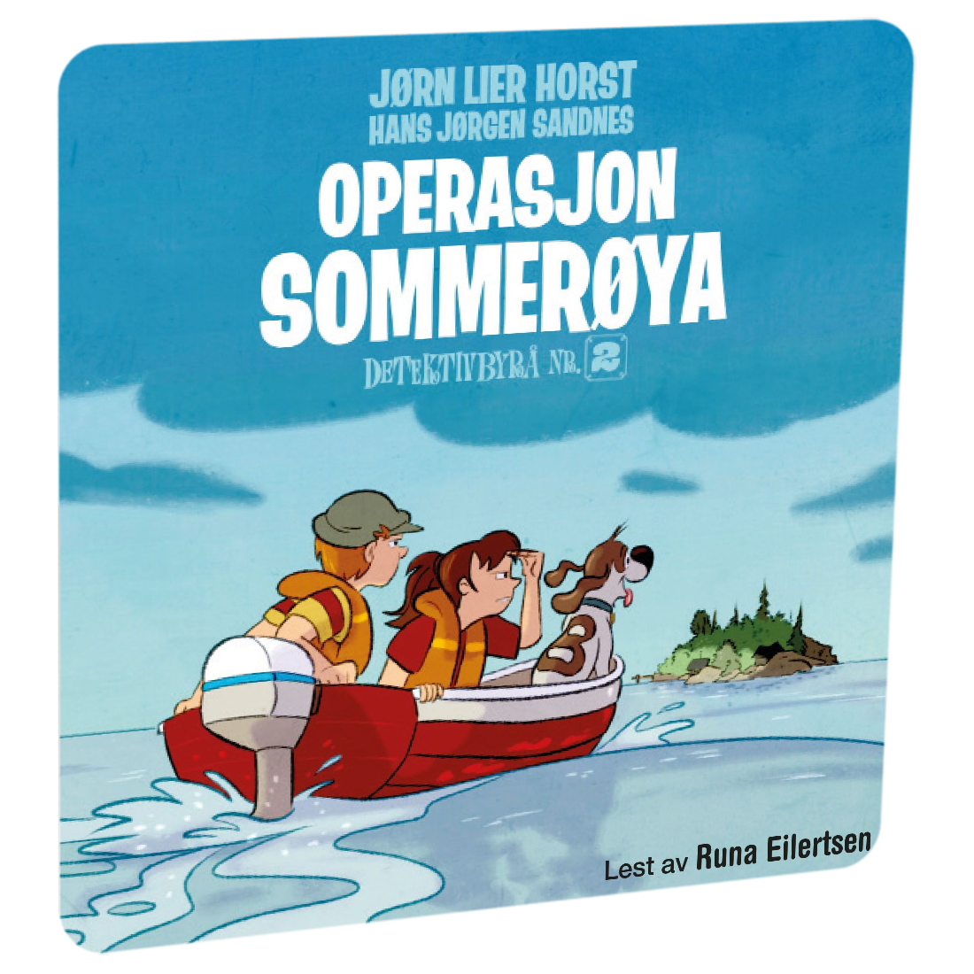 Detektivbyrå nr. 2: Operasjon Sommerøya av Jørn Lier Horst. Tilgjengelig på HiRO – norsk, skjermfri høyttaler for barn med musikk og fortellinger