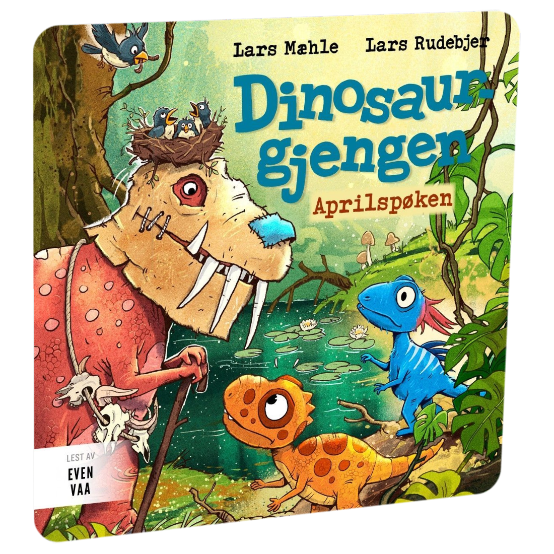 Dinosaurgjengen 17. Aprilspøken av Lars Mæhle. Tilgjengelig på HiRO – norsk, skjermfri høyttaler for barn med musikk og fortellinger