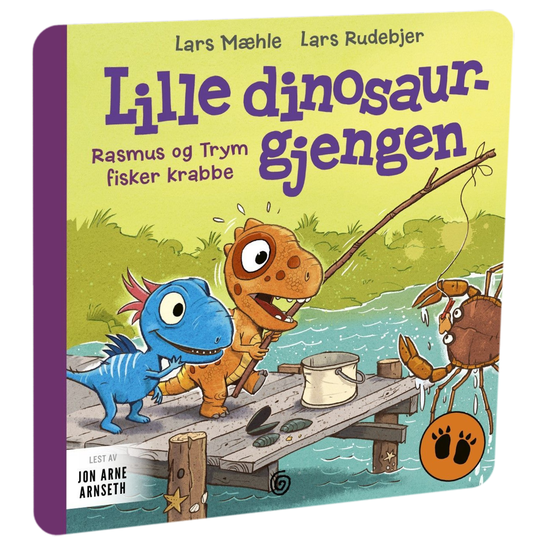 Lille dinosaurgjengen 2. Rasmus og Trym fisker krabbe av Lars Mæhle. Tilgjengelig på HiRO – norsk, skjermfri høyttaler for barn med musikk og fortellinger